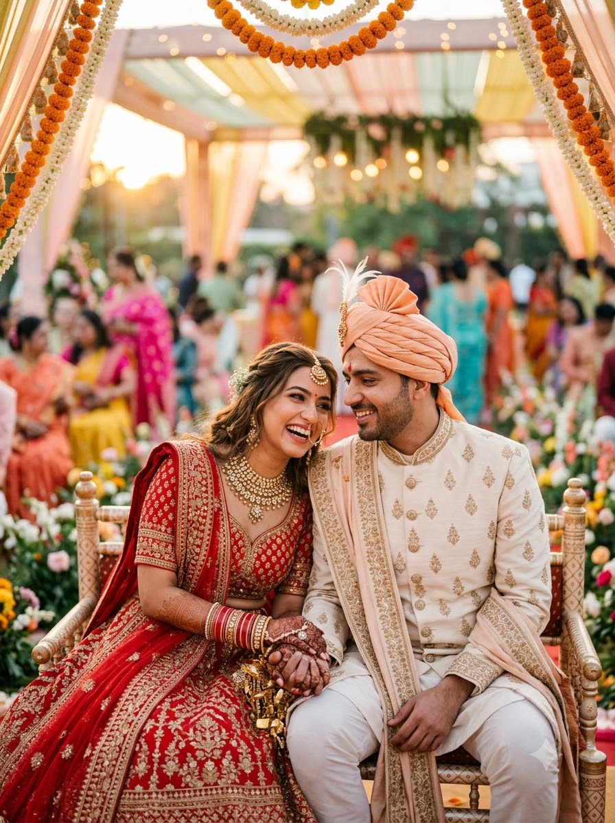 Smiling Indian bride and groom seated under a marigold canopy
