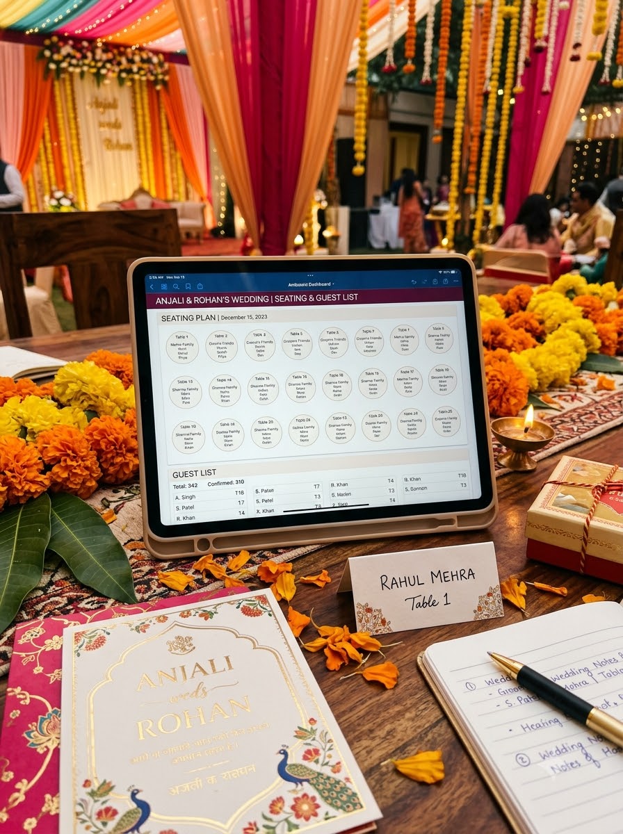 Tablet showing a wedding guest list and seating plan