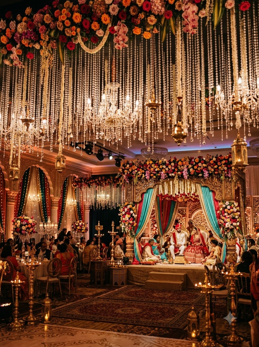 Reception hall with chandeliers and floral décor