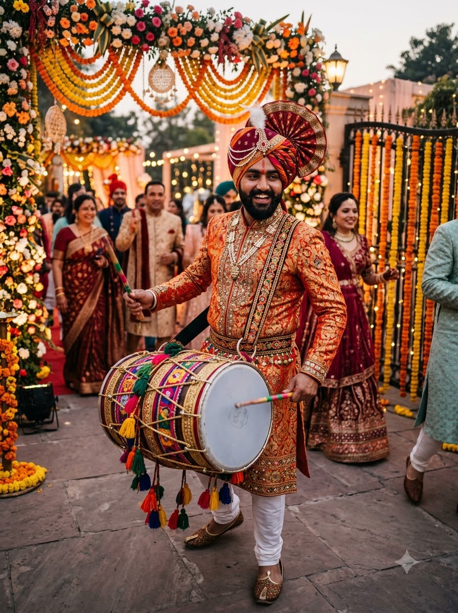 Dhol player in traditional attire at a wedding