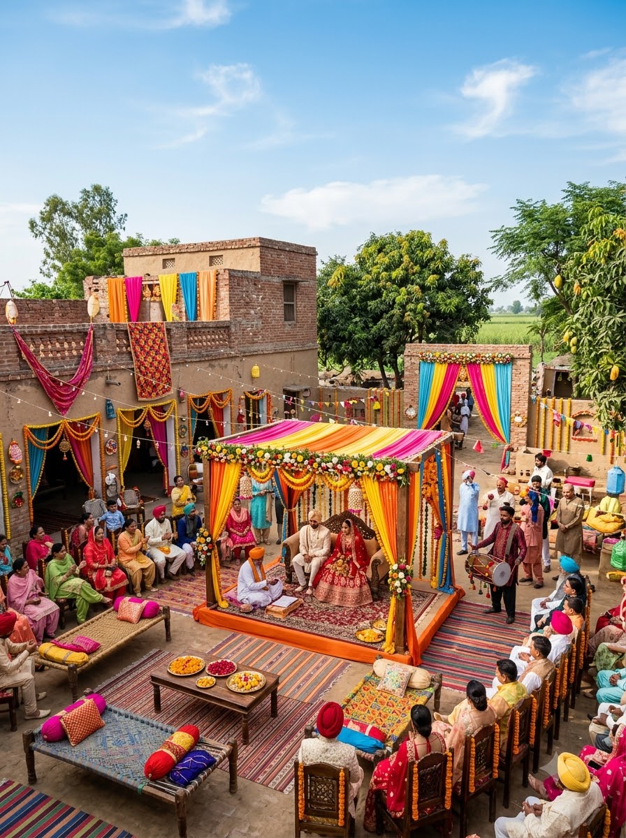Colourful farmhouse wedding setup with guests