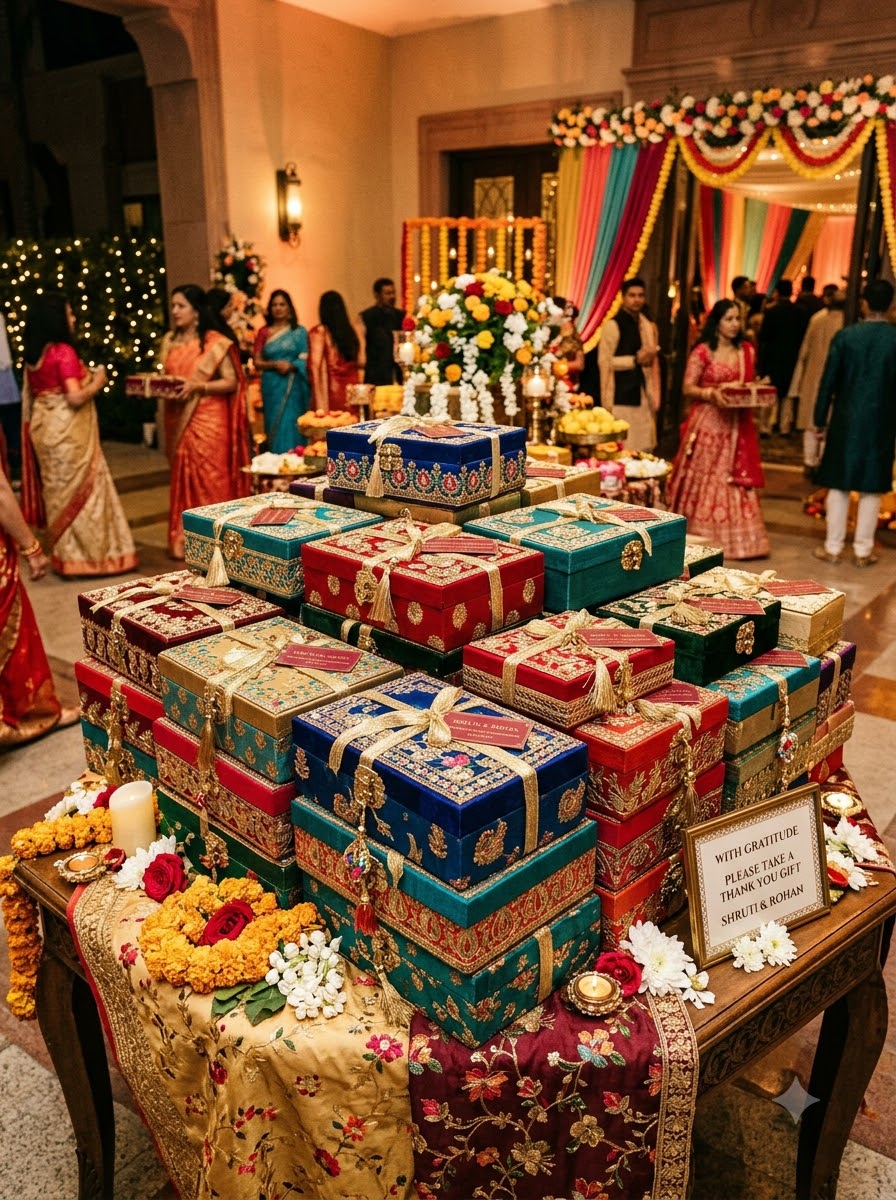 Stacked wedding gift hampers decorated with marigolds