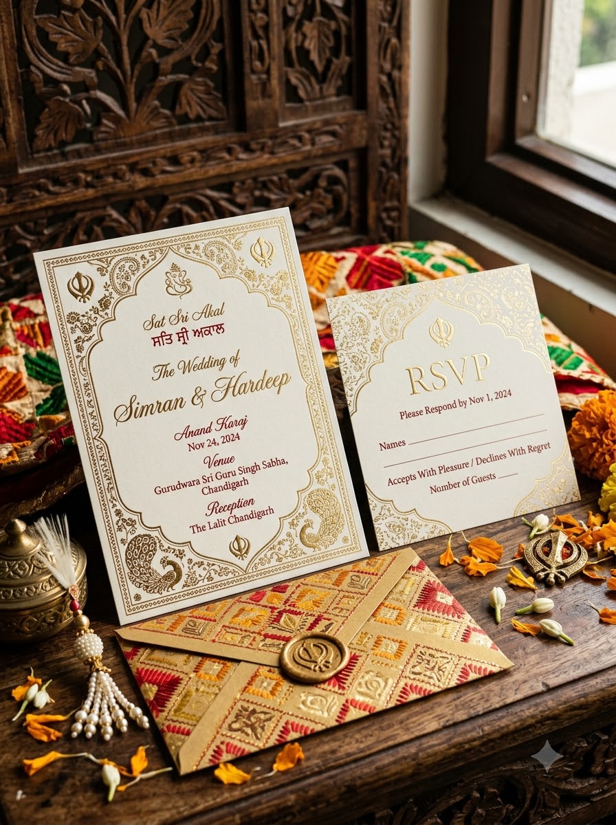 Elegant Punjabi wedding invitation and RSVP card on a wooden table