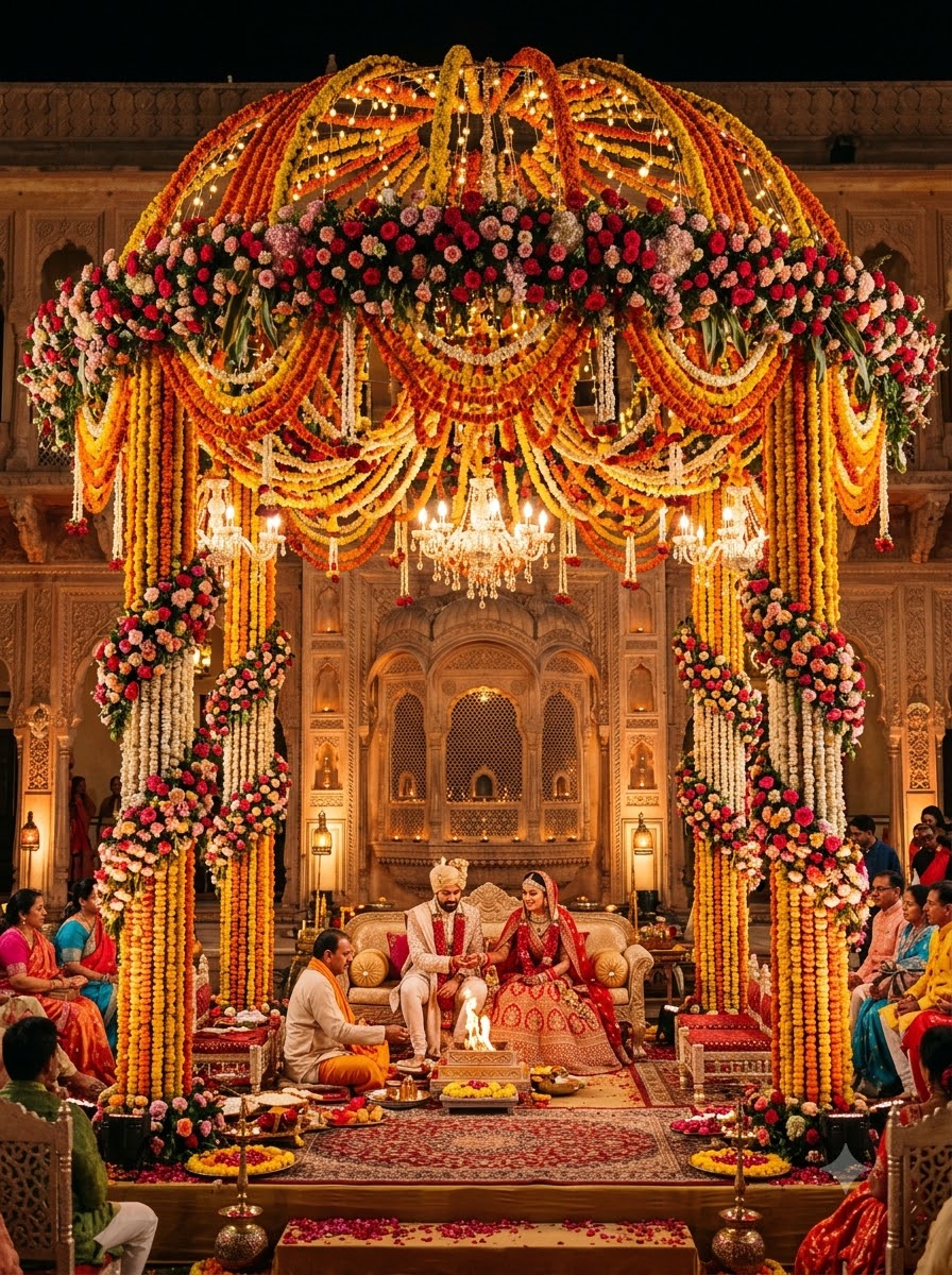 Grand floral wedding mandap with hanging marigold garlands