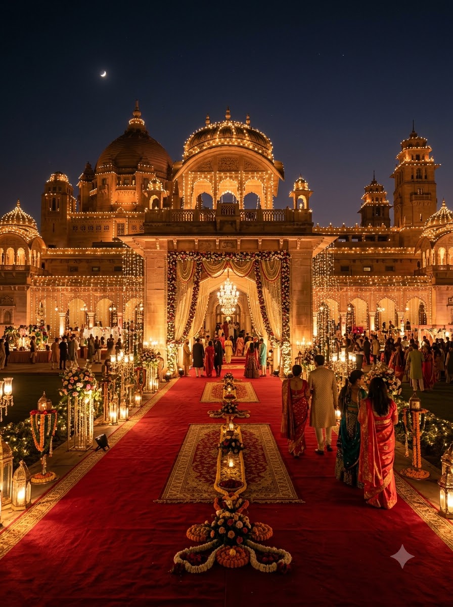 Illuminated palace wedding venue at night