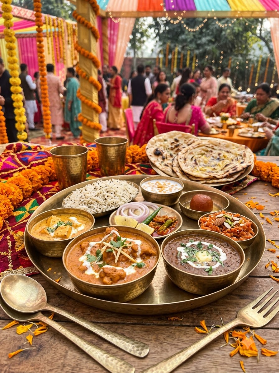 Punjabi wedding thali with assorted dishes