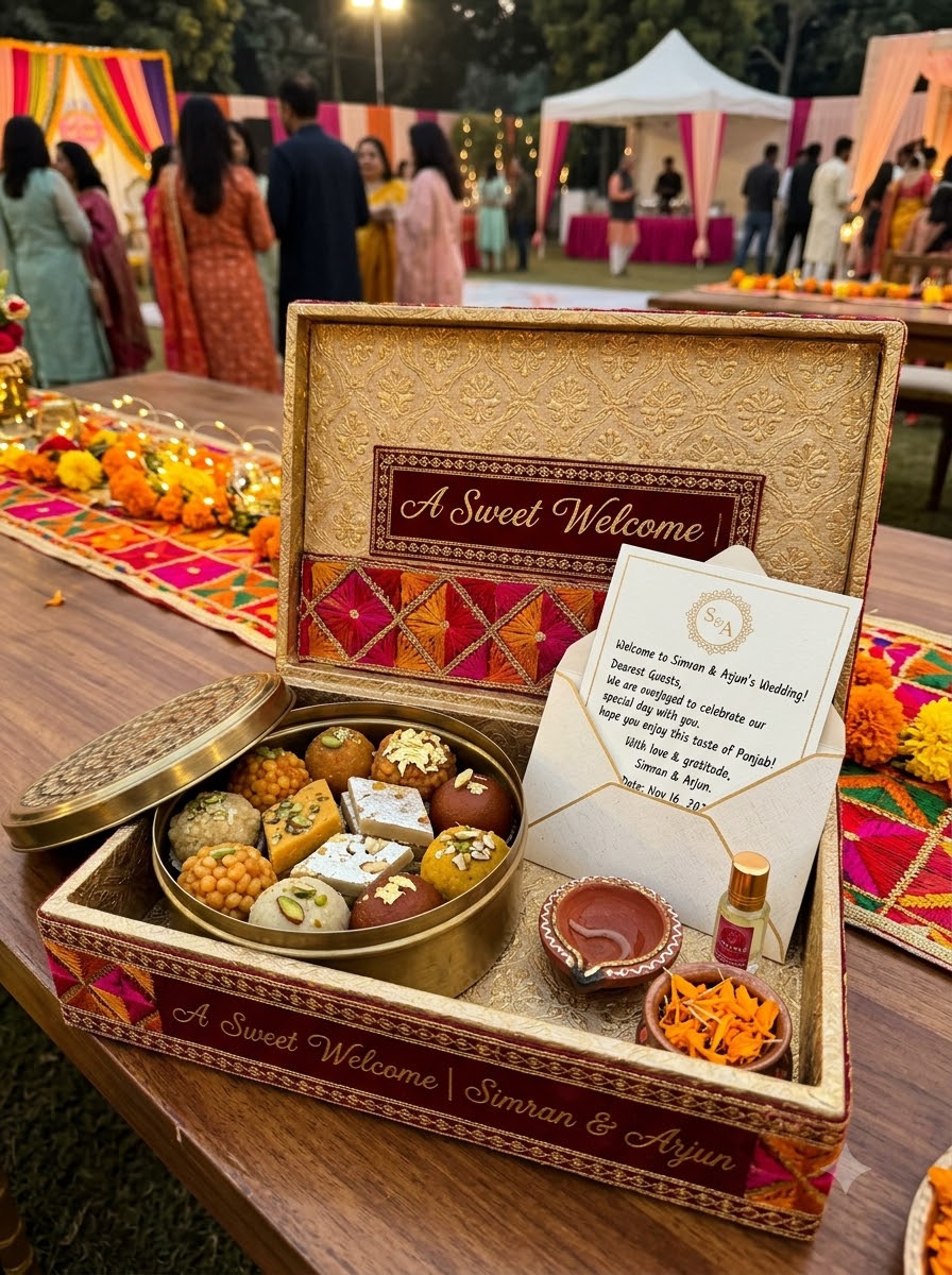 Wedding welcome kit with sweets and a diya